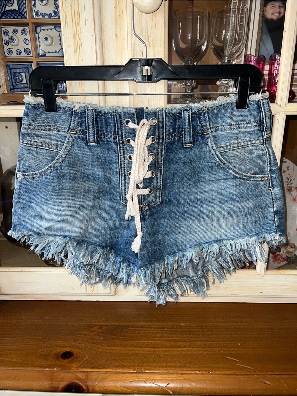 We The Free Women's Blue Lace-Up Frayed Hem Denim Shorts Size 26